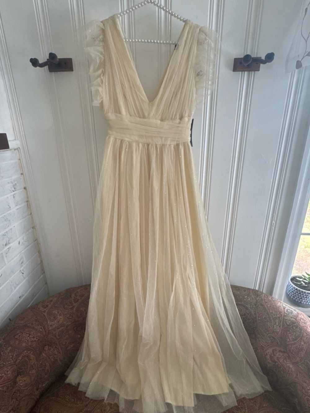 New York & Company Champagne V-Neck Tulle Maxi Dress